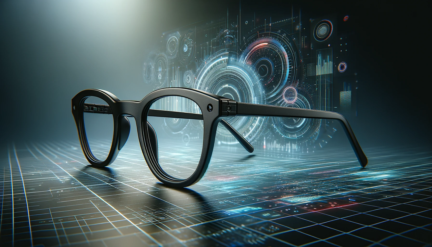 A pair of glasses lies on a table with a modern, futuristic background